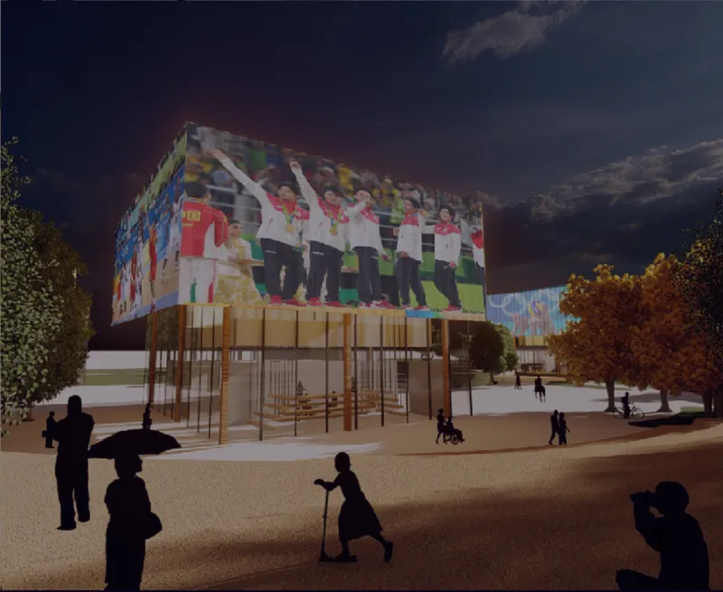 At night, the building becomes a glowing media pavilion, turning public space into a collective sports experience.