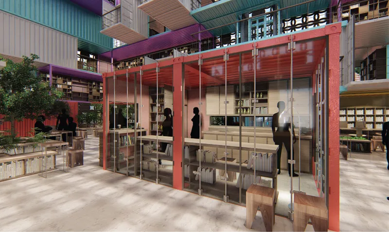 Shared kitchen framed by modular containers and bookshelves.