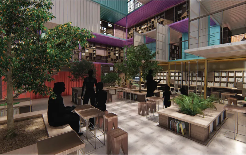Indoor garden creating a relaxed setting for reading and interaction.