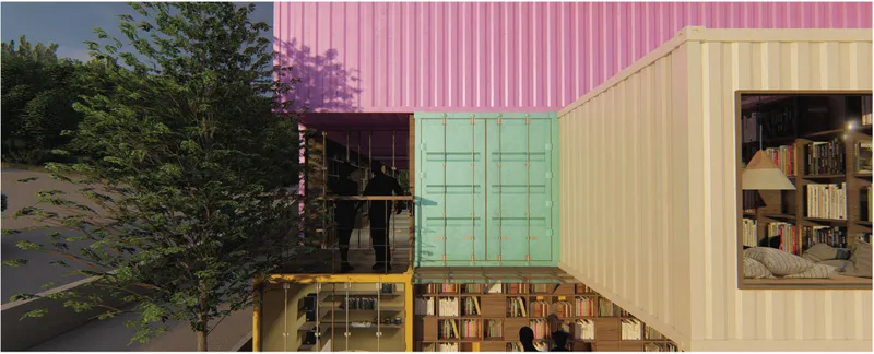 Colorful container modules forming intimate reading and study spaces.