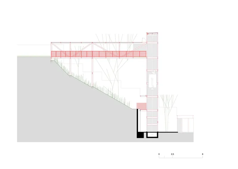 Section drawing showing a cantilevered bridge structure connecting to a hillside with trees