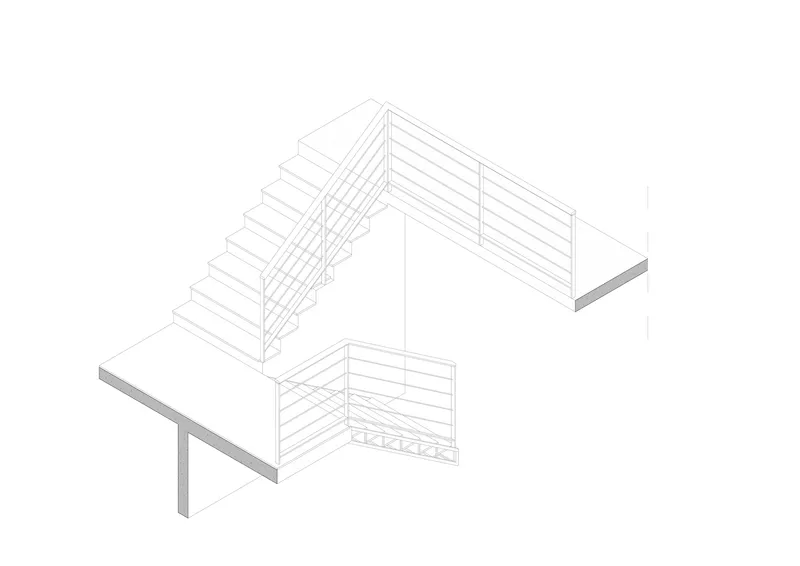 Isometric drawing of a two-flight staircase with horizontal railings and connecting landings