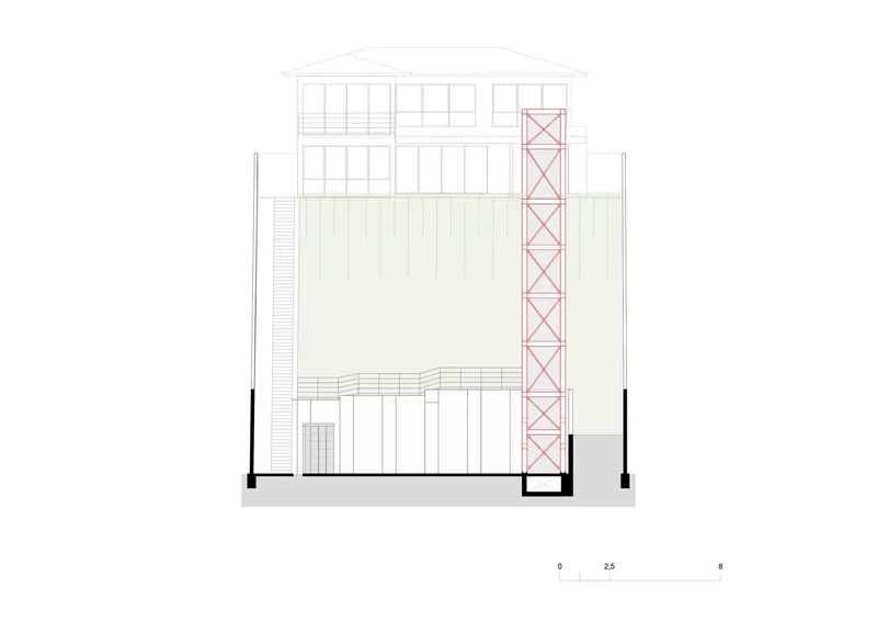 Section drawing featuring a tall lattice tower beside a two-story volume with glazed upper level