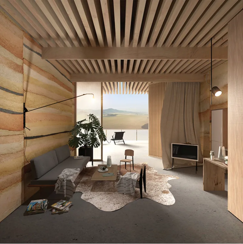 Warm timber interiors and rammed earth walls connect the hospitality spaces with the material character of the landscape.