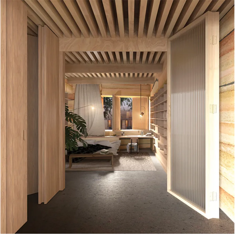 Flexible timber partitions shape a calm bedroom interior defined by filtered light, natural materials, and spatial adaptability.