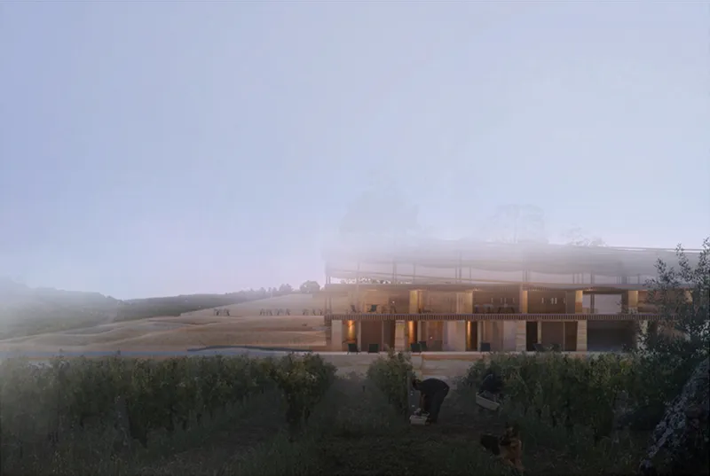 Morning fog softens the winery’s layered structure, revealing its close relationship with terrain, climate, and production.