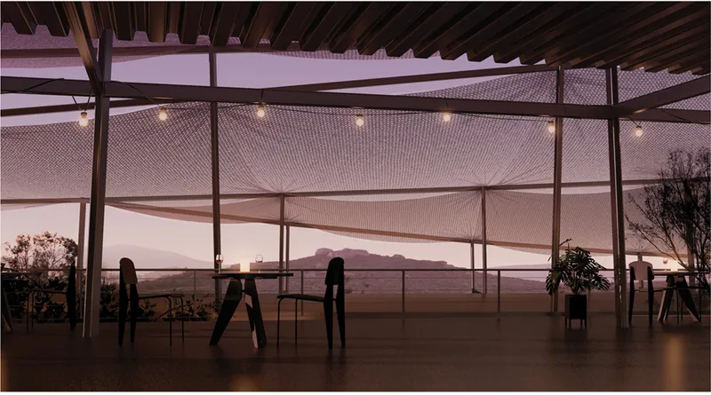 An open terrace beneath the mesh canopy frames distant views while creating a sheltered setting for wine tasting.