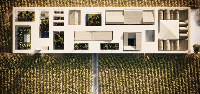 Aerial view of POUR showing the winery complex embedded within an expansive vineyard landscape.