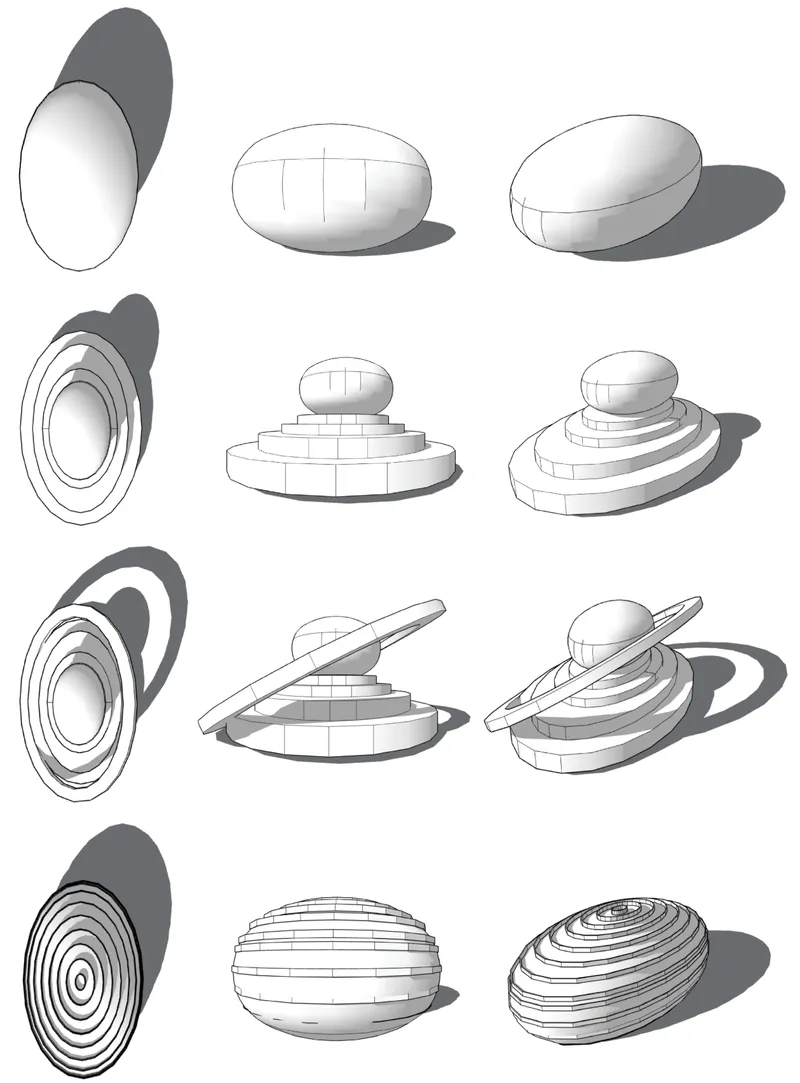 Diagram showing twelve variations of an ovoid form developing from simple volume to layered terraced structure