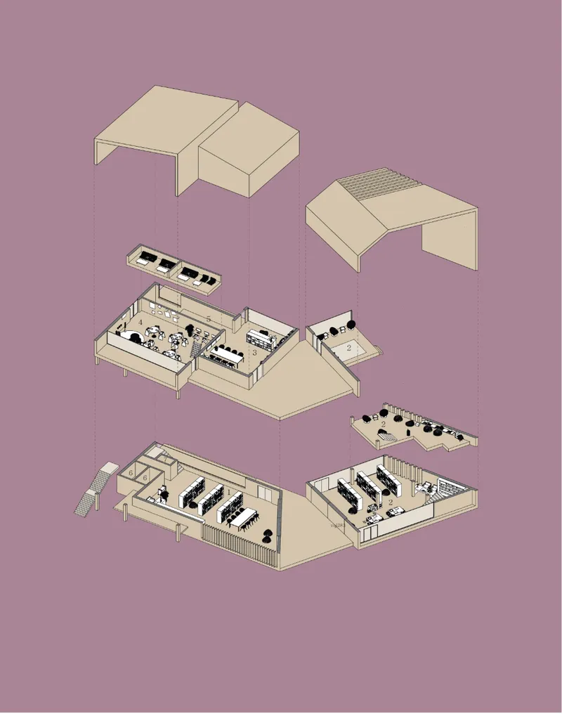 Exploded isometric reveals the layered organization of reading, sharing, design, and community zones.