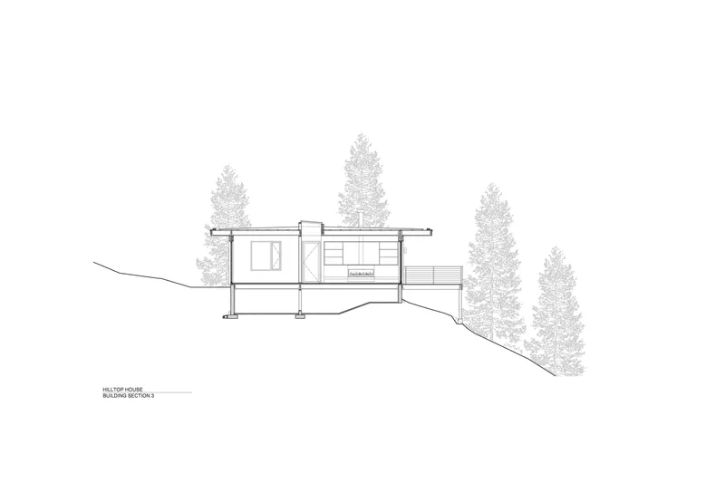 Section drawing showing a compact two-story volume on a descending wooded hillside