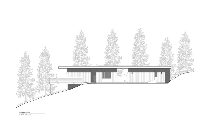 Elevation drawing of the horizontal residence with flat roof set into a forested slope
