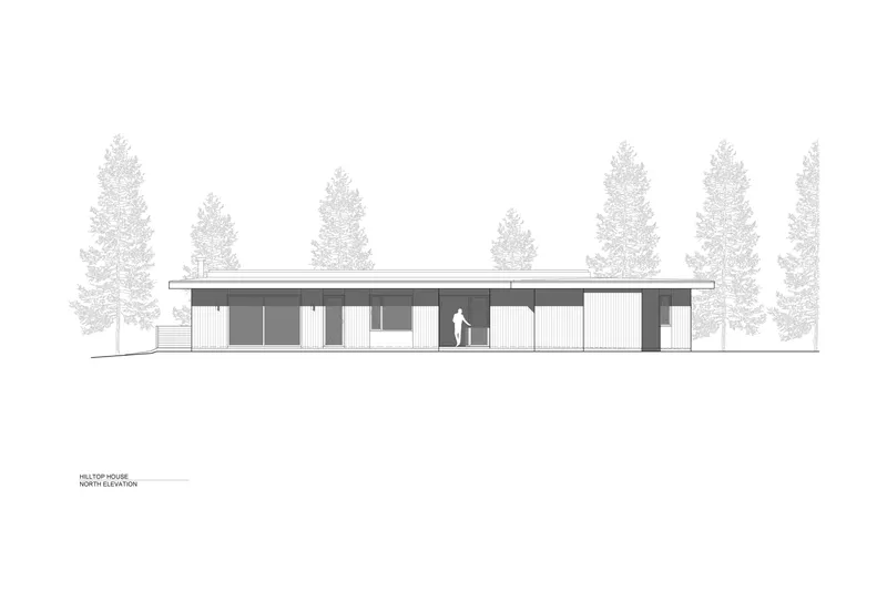 North elevation drawing showing the linear facade with vertical siding and a figure at entry
