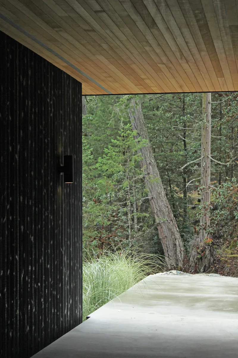 Covered threshold with slatted timber ceiling opening to forest beyond charred timber wall
