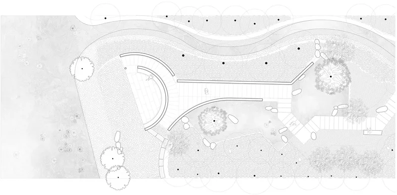 Site plan drawing showing curved building forms and circular tree plantings across the landscape