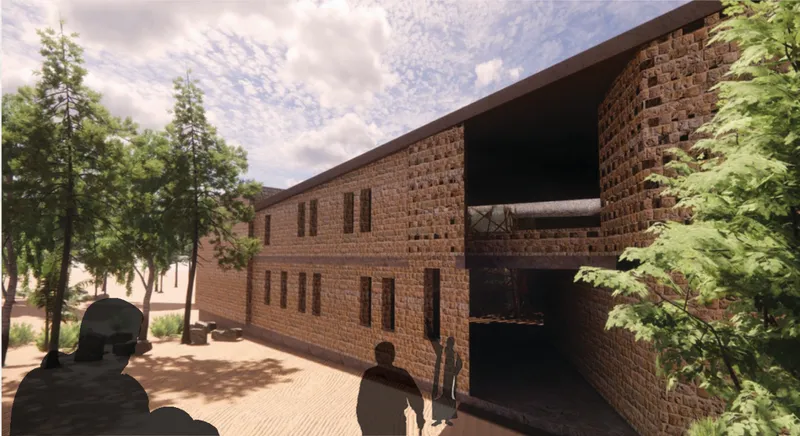 Exterior view showing the chapel’s textured masonry facade, shaded entry, and integration with the surrounding landscape.