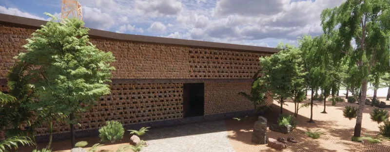 The chapel’s perforated stone wall and planted courtyard create a quiet threshold between nature, worship, and community life.