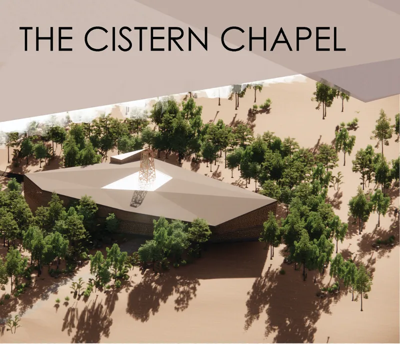 Aerial view of The Cistern Chapel set within a dry landscape, surrounded by trees and centered around a water harvesting tower.