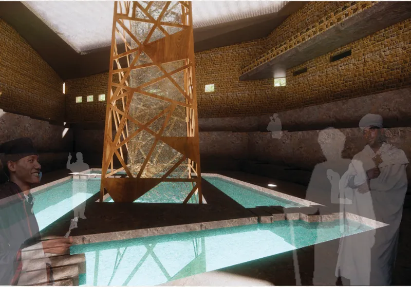 Interior worship space highlighting the central cistern, reflective water channels, and the sacred water harvesting structure.