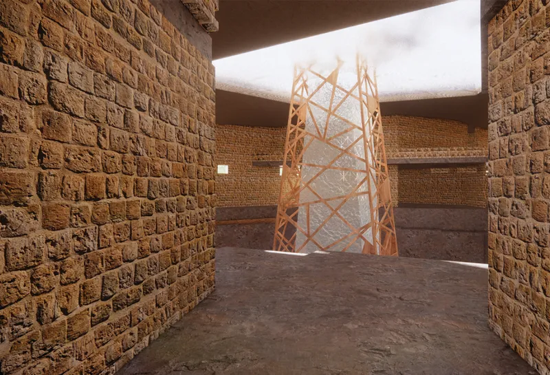 Earth-toned stone walls frame the chapel’s central water tower, creating a calm transition into the worship space.