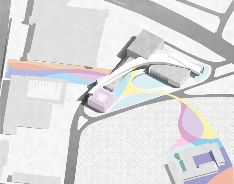 Site plan showing Interweaving’s flowing urban connections between the fashion center, surrounding landmarks, and public movement paths.