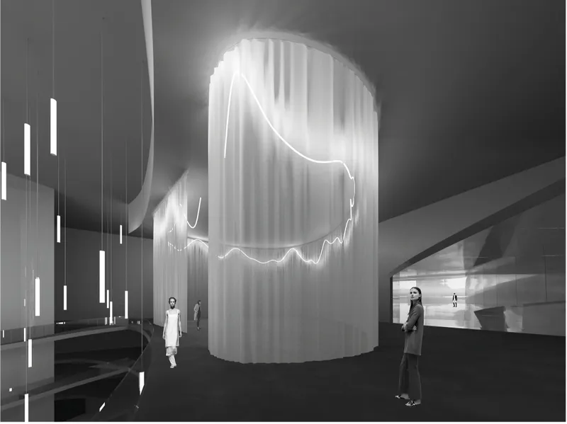 Interior museum view with glowing textile-like installations, soft light, and immersive circulation spaces.