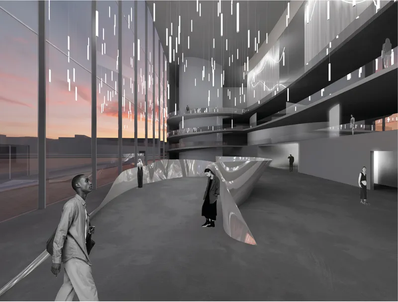 Grand interior atrium showing layered ramps, suspended lighting, and reflective forms inspired by fabric movement.