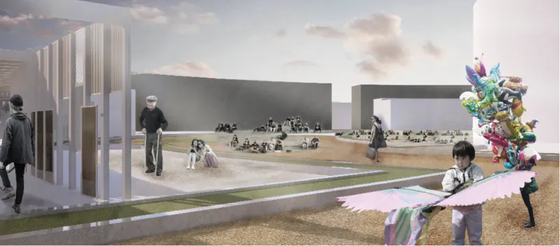 Public landscape rendering showing flexible outdoor spaces designed for gathering, movement, performance, and informal interaction.