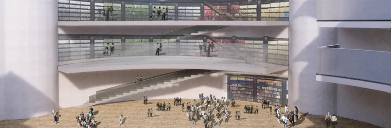 Interior visualization of a layered cinematic hub where curved galleries, stairs, and open voids encourage collective cultural exchange.