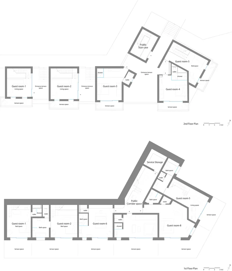Floor plan drawings showing two levels with guest rooms and service areas arranged around a public corridor