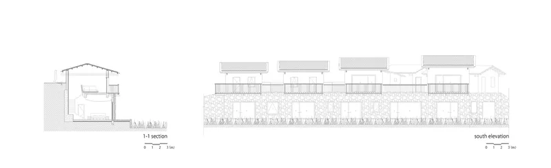 Section and south elevation drawings depicting sloped roofs and stone foundation walls with vegetation