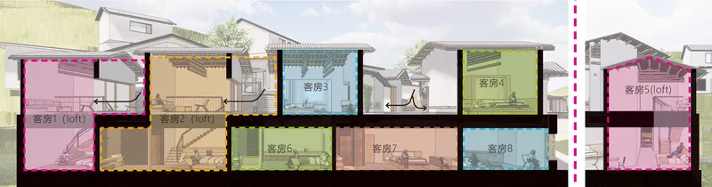 Section drawing with colored guest room volumes and a person walking through the corridor space