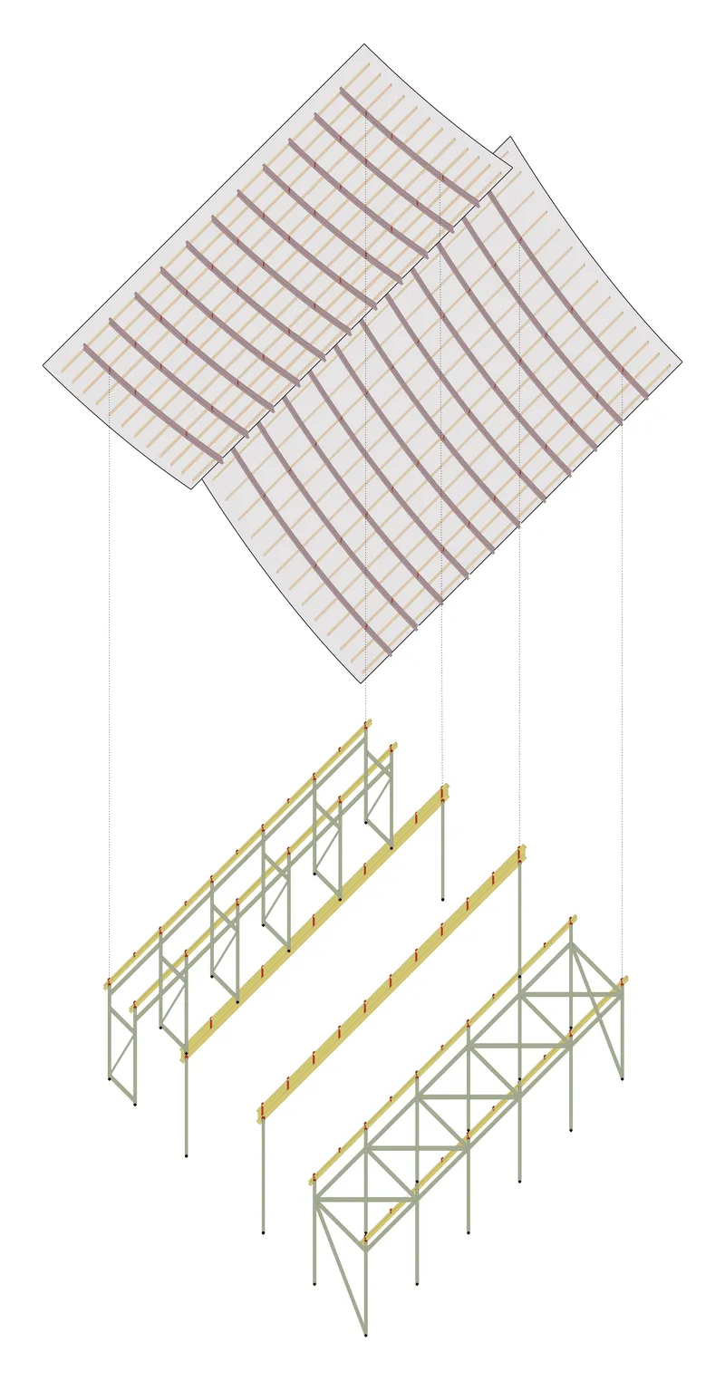 Axonometric drawing showing the sloped roof structure and triangular truss support system below