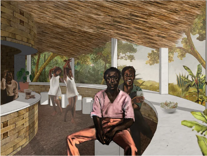 A circular cafe creates a shaded community space where local materials, food, and forest views come together.