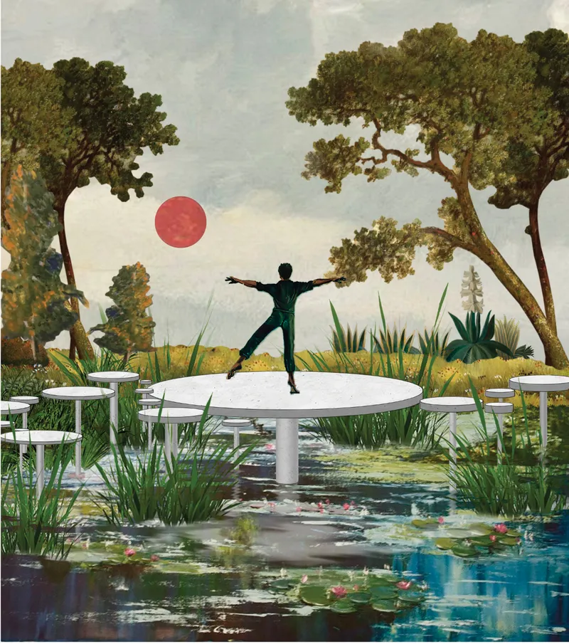 Circular platforms across the pond create moments for walking, performance, teaching, and quiet reflection.