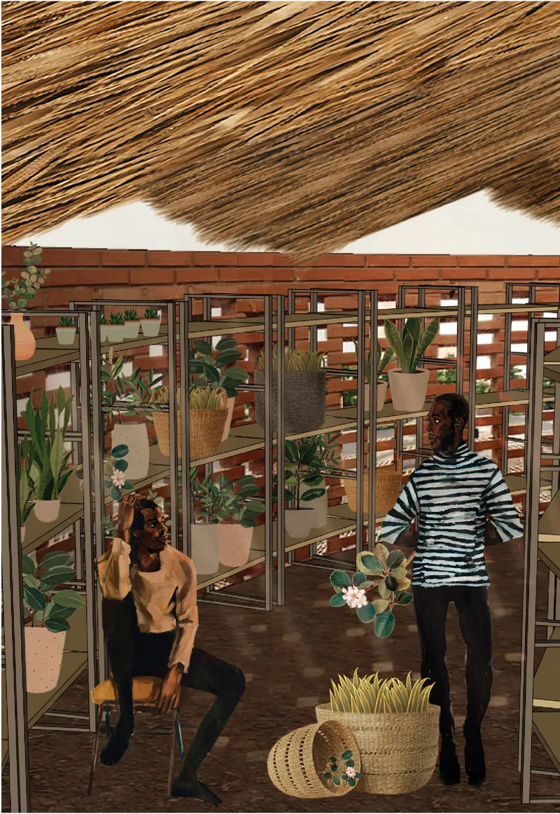 The workshop supports forest restoration through nursery storage, plant care, exhibition, and community learning.