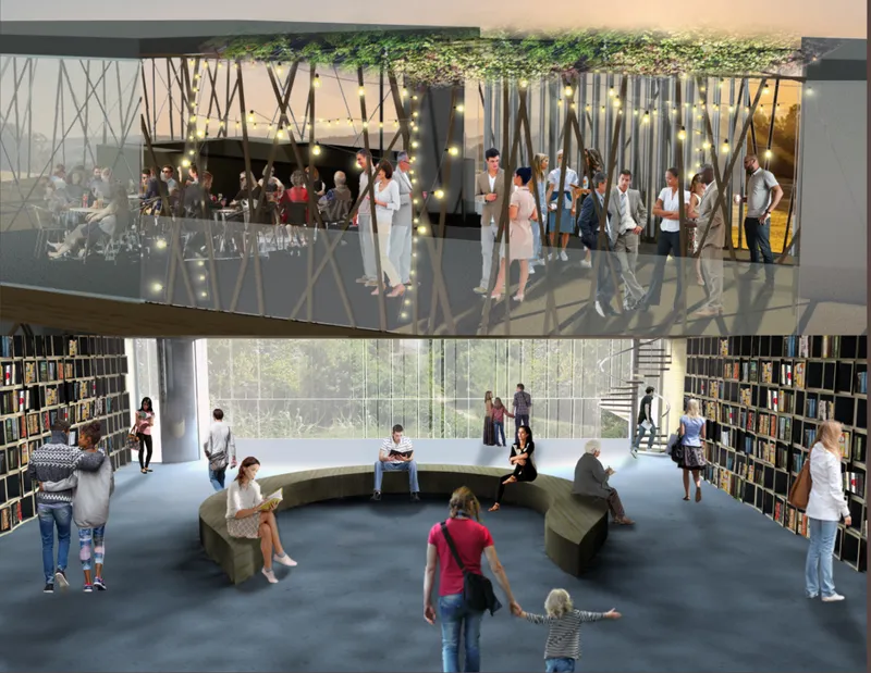 A vibrant library interior connecting reading areas with a rooftop social terrace.