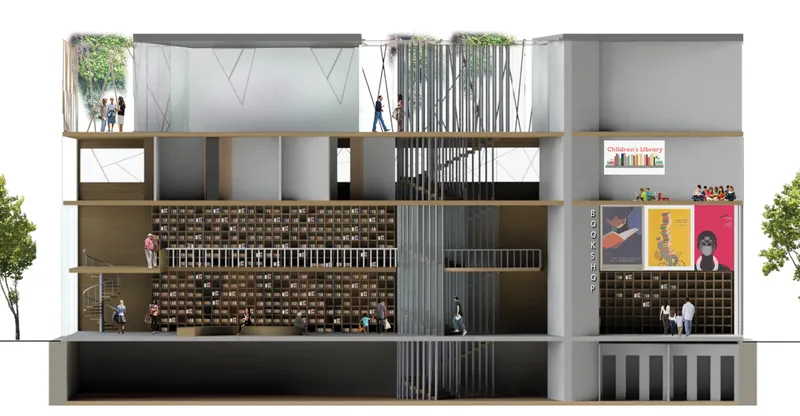Section view showing Biblio’s layered library, bookshop, children’s area and rooftop garden.
