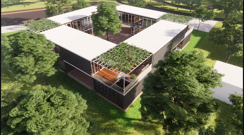 An aerial view highlights the container-based layout, shaded terraces and green courtyard.