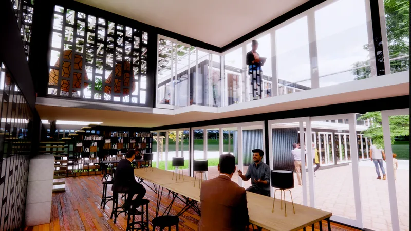 A double-height reading hall connects books, discussion spaces and natural daylight.