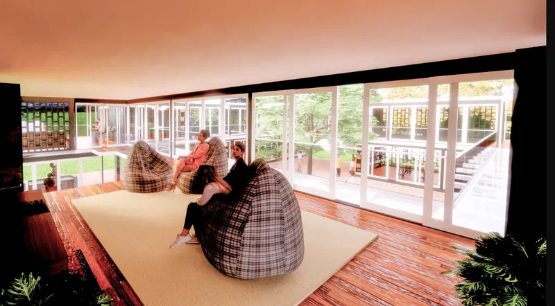 An informal lounge offers a relaxed setting for reading, conversation and community interaction.