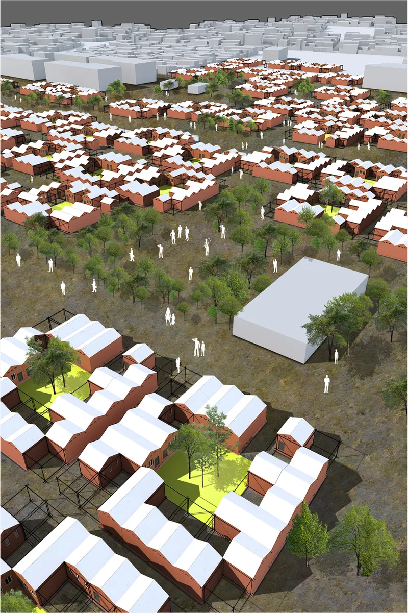 Aerial view of expandable residential blocks, courtyards, and green spaces forming a resilient recovery settlement.