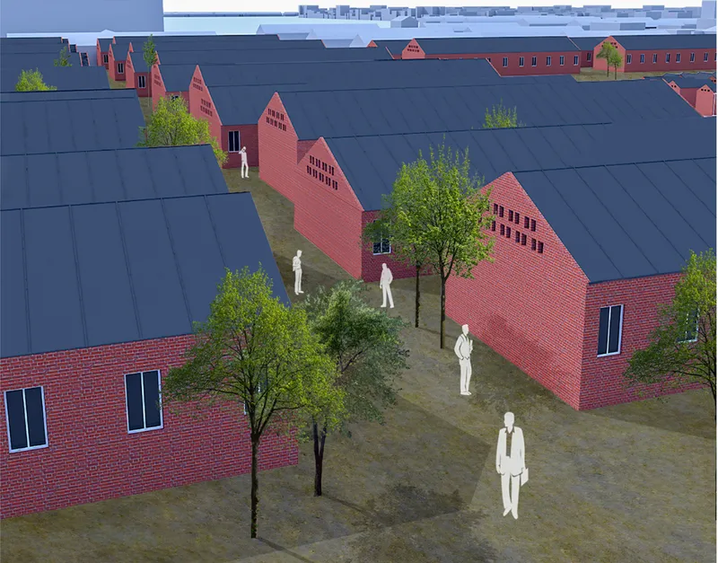 Post-disaster housing lanes with trees, modular roofs, and walkable spaces for everyday recovery.