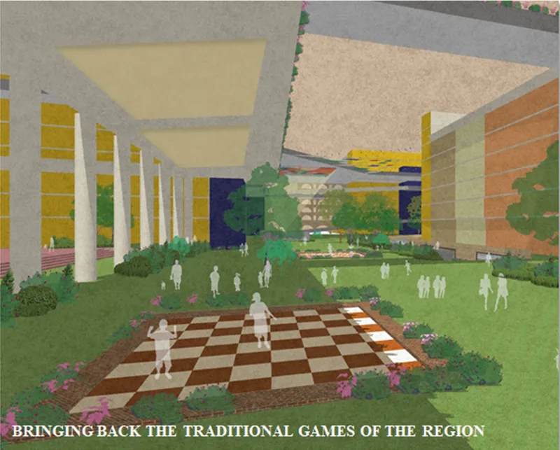 A landscaped courtyard revives traditional games as part of everyday community life.