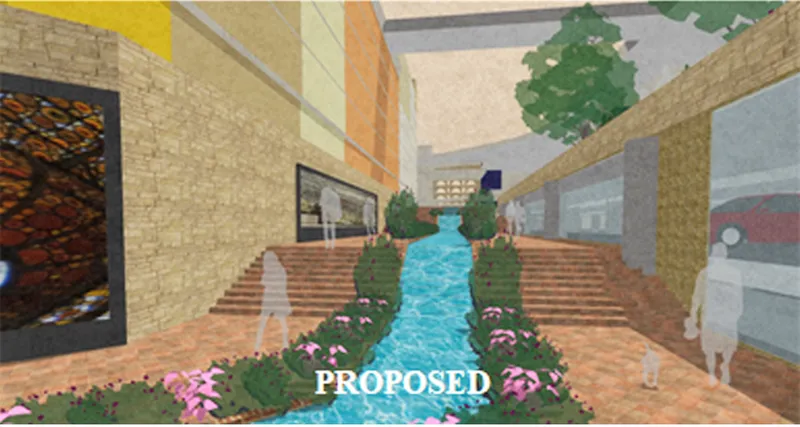 A pedestrian-focused passage transforms the urban block with water, planting, and public space.