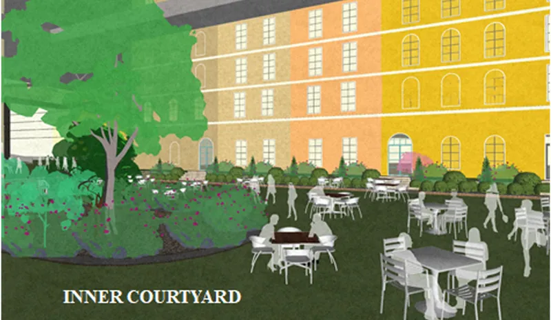 A shaded inner courtyard creates a calm social setting surrounded by greenery.