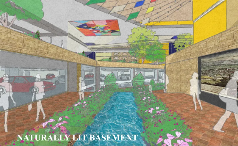 Natural light, planting, and water transform the basement into an active public environment.