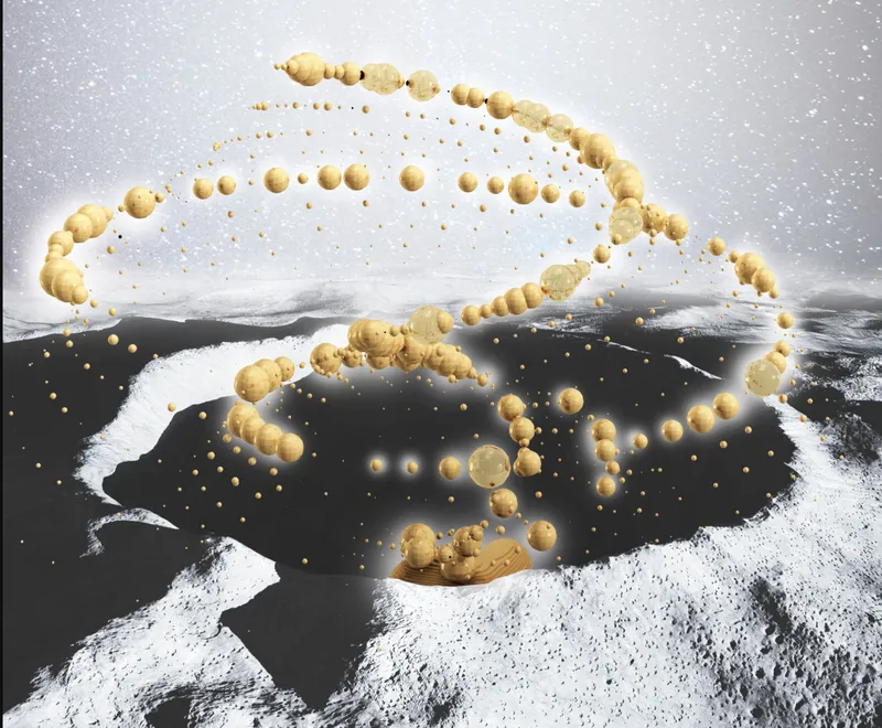 Lunar Spiral’s levitating habitat modules form a Fibonacci-inspired constellation above the Moon’s cratered landscape.
