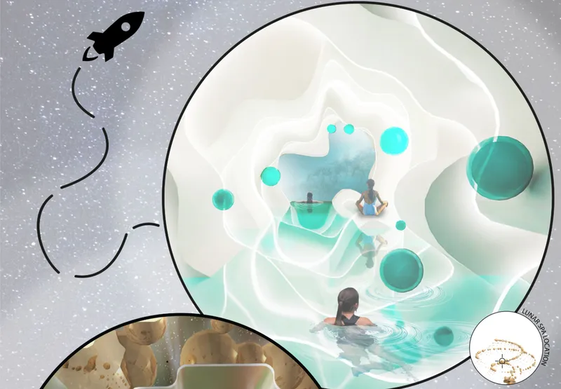 A futuristic lunar wellness space combines fluid architecture, water, and levitating elements for relaxation in low gravity.