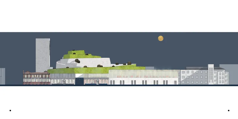 Night elevation showing the green roofscape, moon lantern, and cultural presence of the concert complex.